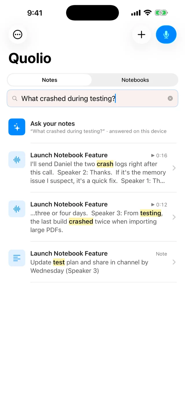 Search results for the word crashed, each with a play button at the matching second.
